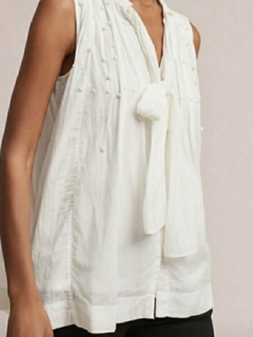 Feather Bone by Anthropologie Leonie Blouse in Ivory with pearls & tie neck Sz S